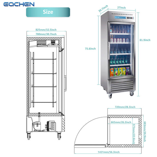 EQCHEN 27 Inch 1 Glass Door Commercial Refrigerator